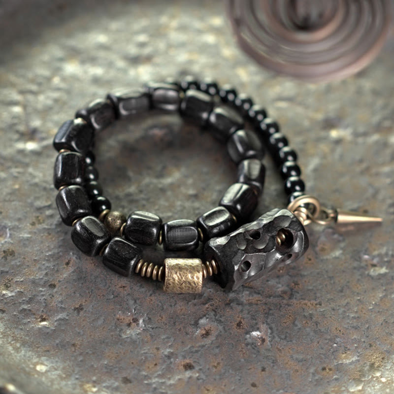 Ebony Wood Black Obsidian Copper Brass Peace Double Wrap Bracelet