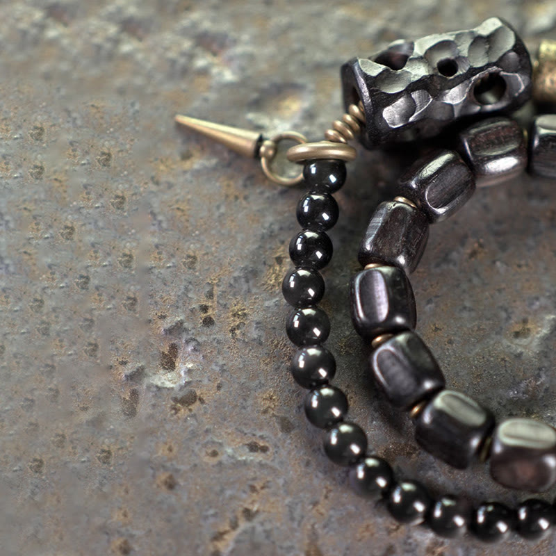 Ebony Wood Black Obsidian Copper Brass Peace Double Wrap Bracelet