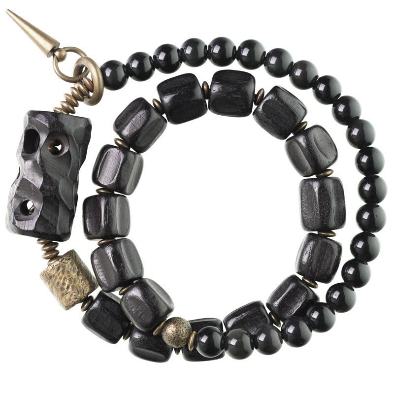 Ebony Wood Black Obsidian Copper Brass Peace Double Wrap Bracelet