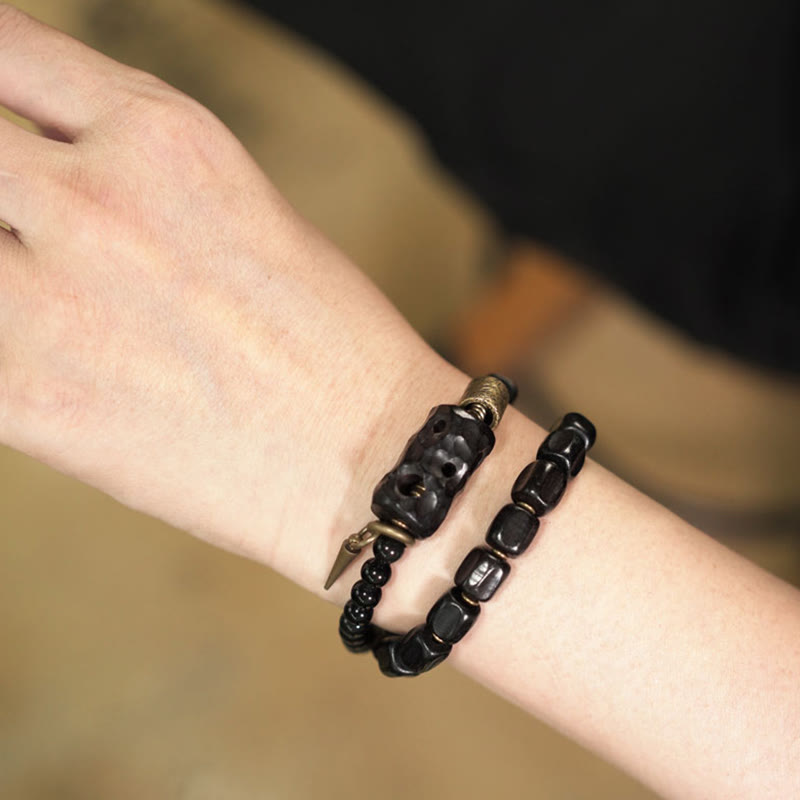 Ebony Wood Black Obsidian Copper Brass Peace Double Wrap Bracelet
