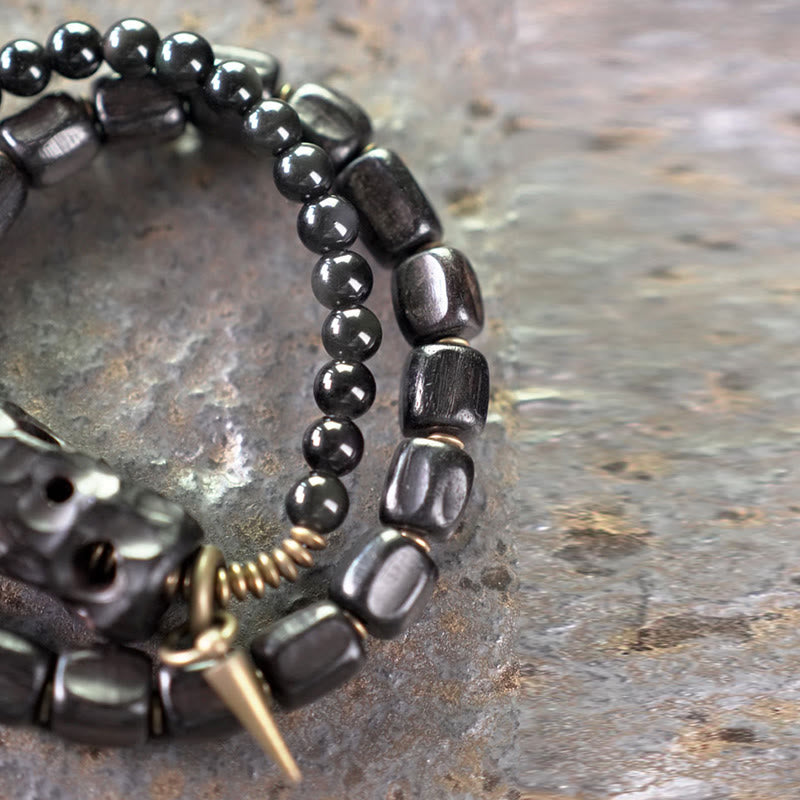 Ebony Wood Black Obsidian Copper Brass Peace Double Wrap Bracelet