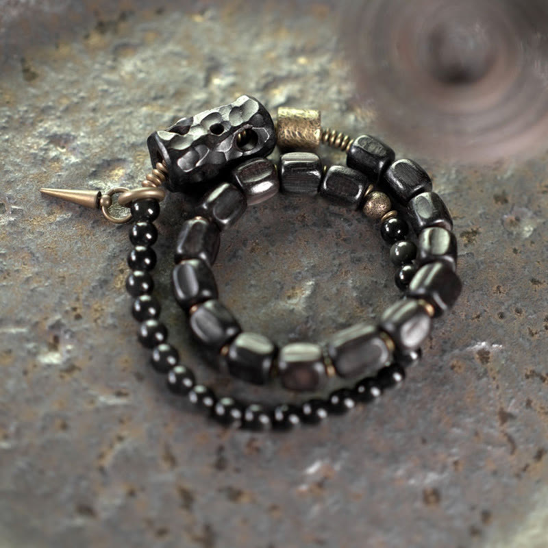Ebony Wood Black Obsidian Copper Brass Peace Double Wrap Bracelet