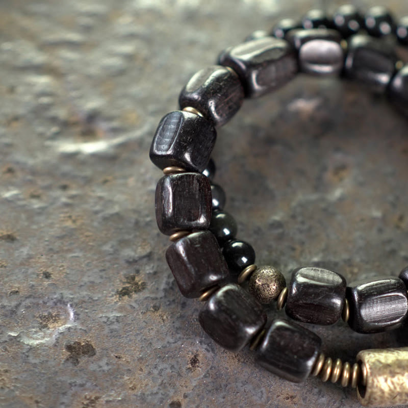 Ebony Wood Black Obsidian Copper Brass Peace Double Wrap Bracelet