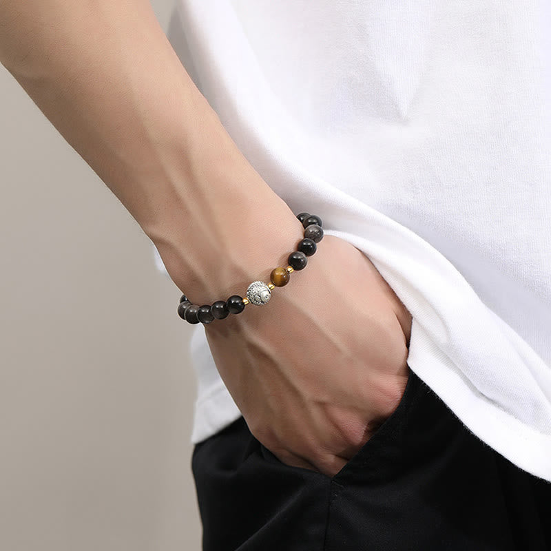 Black Obsidian 999 Sterling Silver Tiger Eye 925 Sterling Silver Koi Fish Purification Bracelet