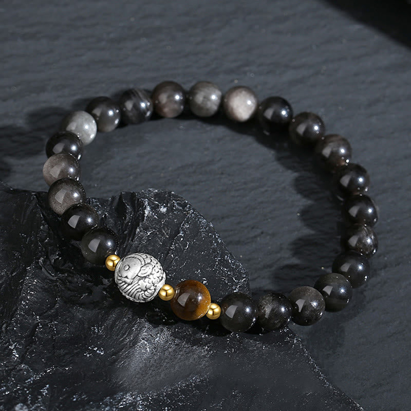 Black Obsidian 999 Sterling Silver Tiger Eye 925 Sterling Silver Koi Fish Purification Bracelet