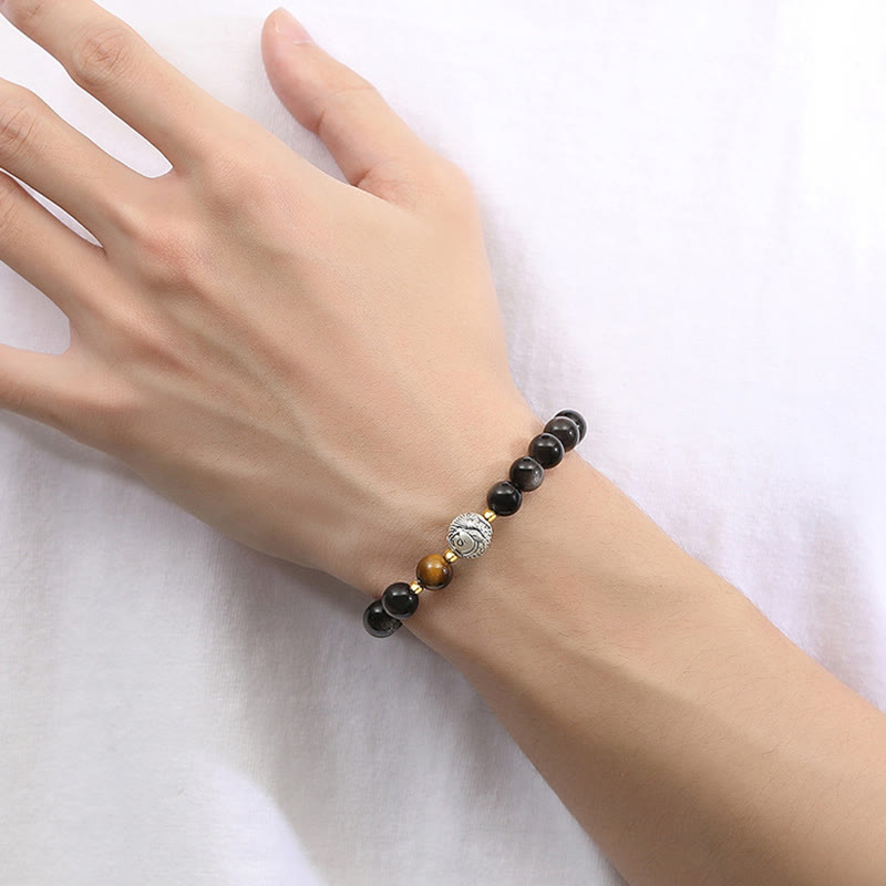 Black Obsidian 999 Sterling Silver Tiger Eye 925 Sterling Silver Koi Fish Purification Bracelet