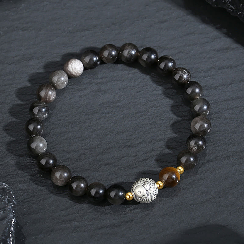 Black Obsidian 999 Sterling Silver Tiger Eye 925 Sterling Silver Koi Fish Purification Bracelet