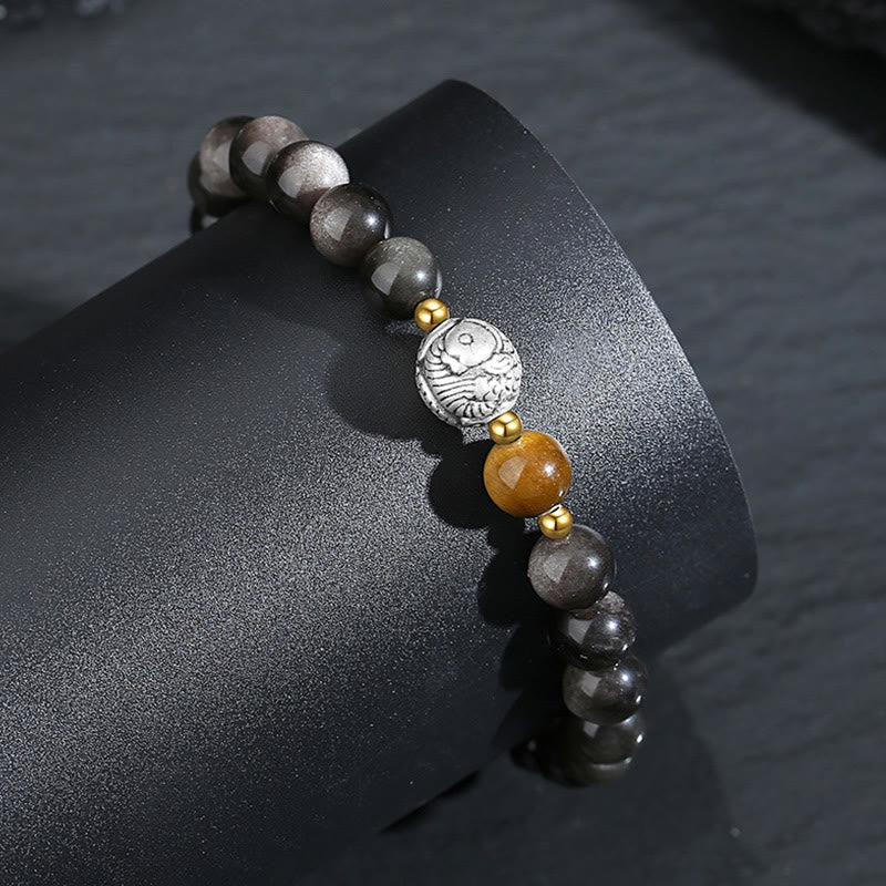 Black Obsidian 999 Sterling Silver Tiger Eye 925 Sterling Silver Koi Fish Purification Bracelet