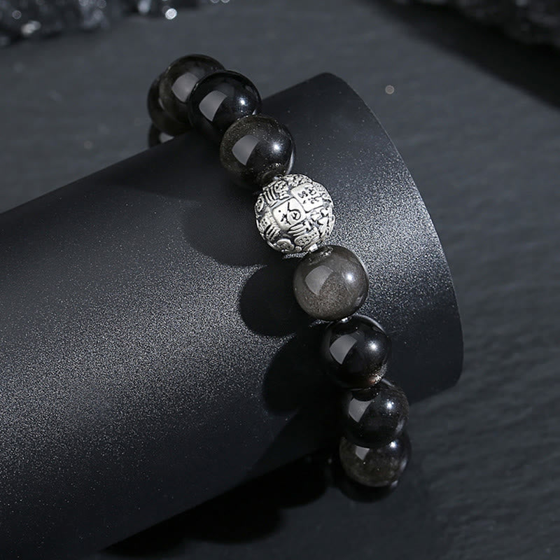 999 Sterling Silver Fu Character Black Obsidian Transformation Bracelet