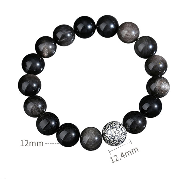 999 Sterling Silver Fu Character Black Obsidian Transformation Bracelet