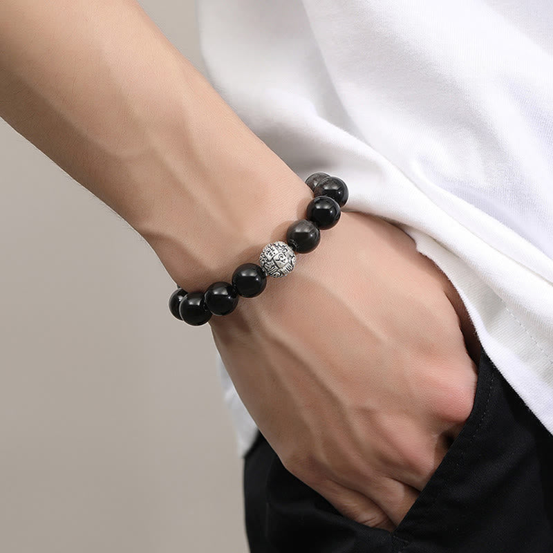 999 Sterling Silver Fu Character Black Obsidian Transformation Bracelet