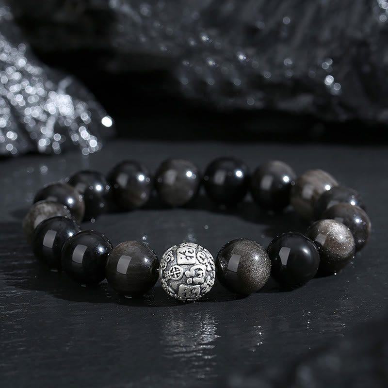 999 Sterling Silver Fu Character Black Obsidian Transformation Bracelet
