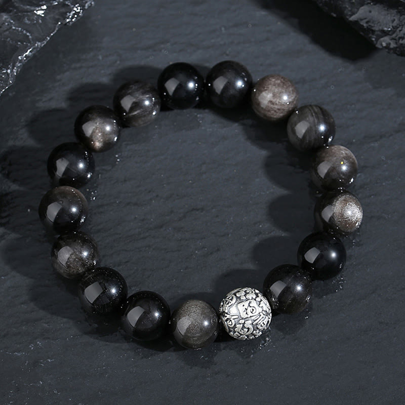 999 Sterling Silver Fu Character Black Obsidian Transformation Bracelet
