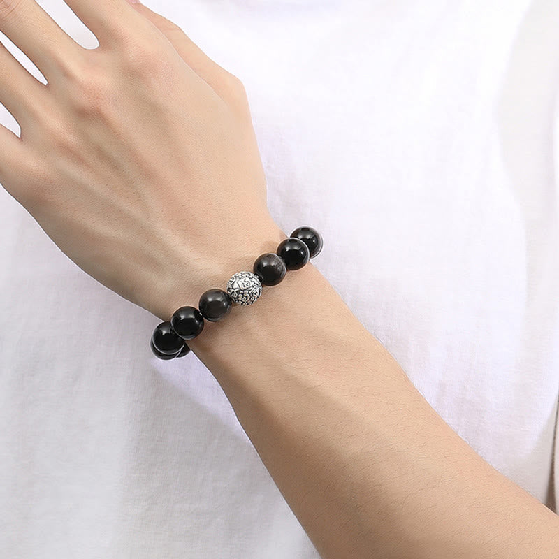 999 Sterling Silver Fu Character Black Obsidian Transformation Bracelet
