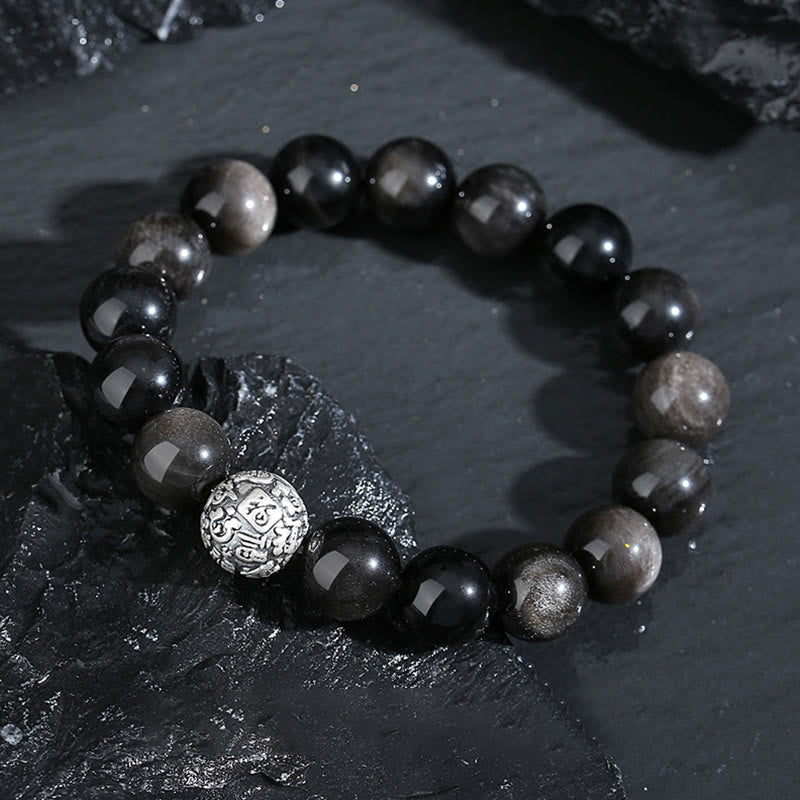 999 Sterling Silver Fu Character Black Obsidian Transformation Bracelet