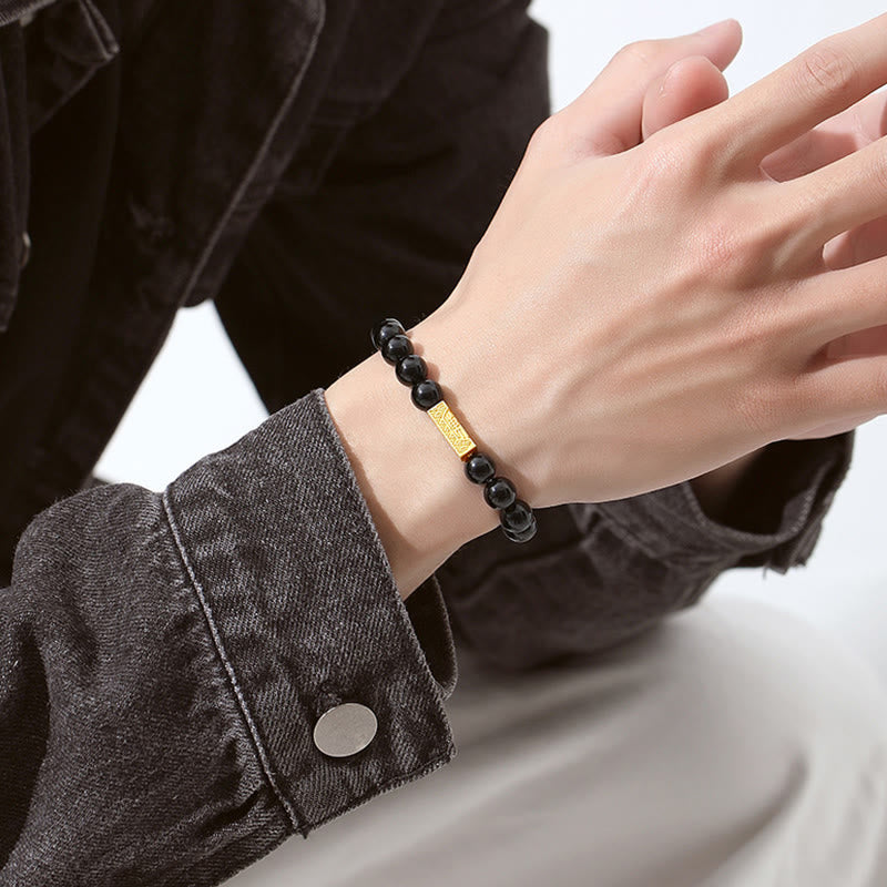 Black Obsidian 925 Sterling Silver Fu Character Cube Strength Bracelet