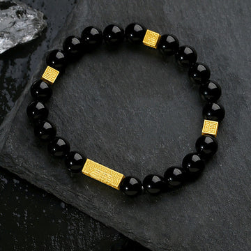 Black Obsidian 925 Sterling Silver Fu Character Cube Strength Bracelet