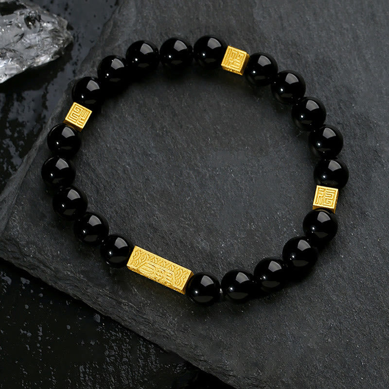 Black Obsidian 925 Sterling Silver Fu Character Cube Strength Bracelet