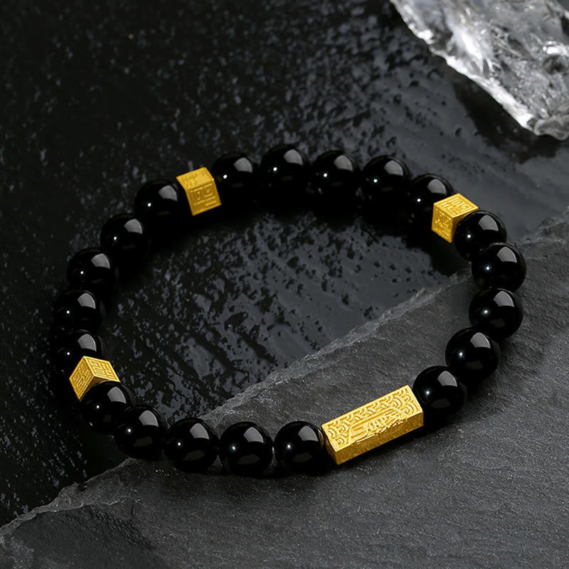 Black Obsidian 925 Sterling Silver Fu Character Cube Strength Bracelet