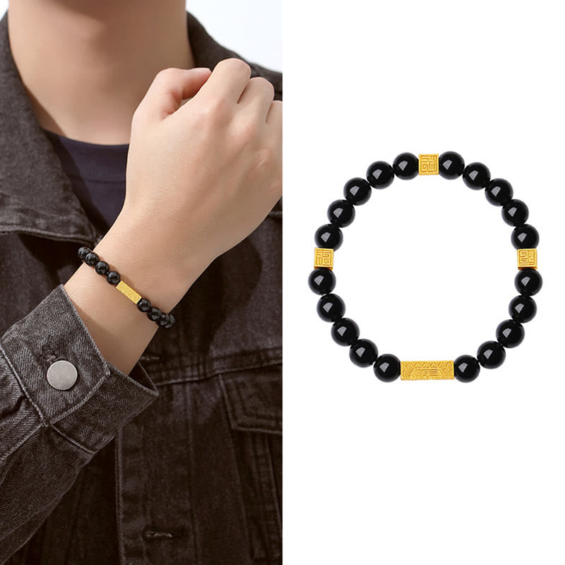 Black Obsidian 925 Sterling Silver Fu Character Cube Strength Bracelet