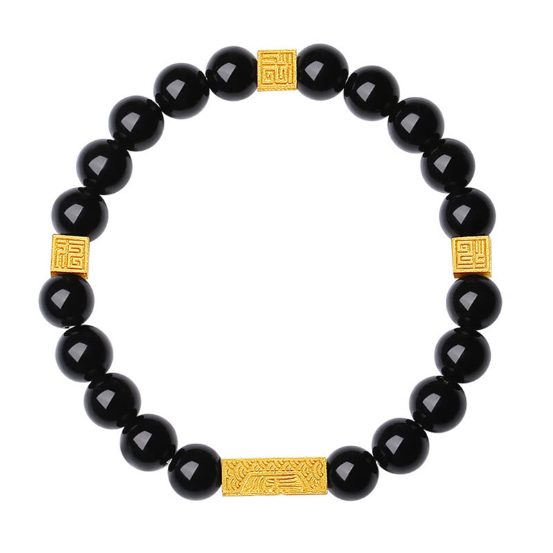 Black Obsidian 925 Sterling Silver Fu Character Cube Strength Bracelet