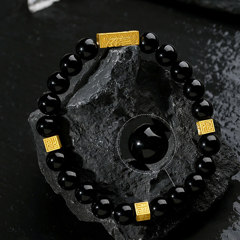 Black Obsidian 925 Sterling Silver Fu Character Cube Strength Bracelet