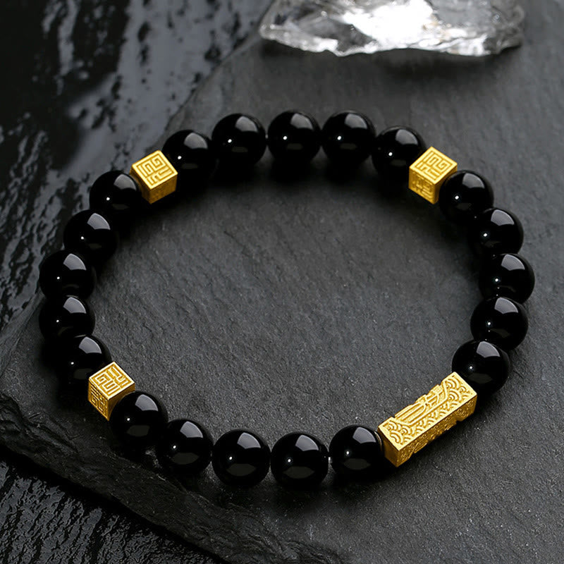 Black Obsidian 925 Sterling Silver Fu Character Cube Strength Bracelet