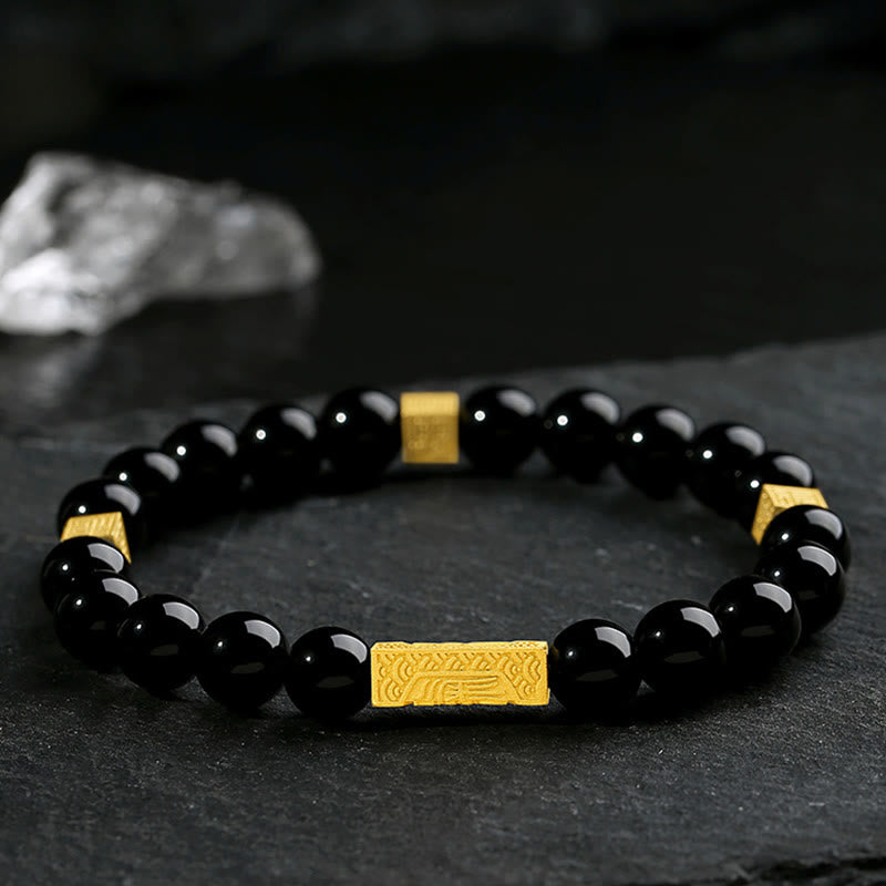 Black Obsidian 925 Sterling Silver Fu Character Cube Strength Bracelet