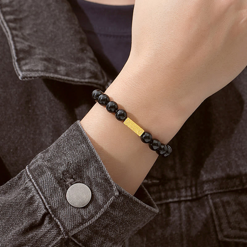 Black Obsidian 925 Sterling Silver Fu Character Cube Strength Bracelet