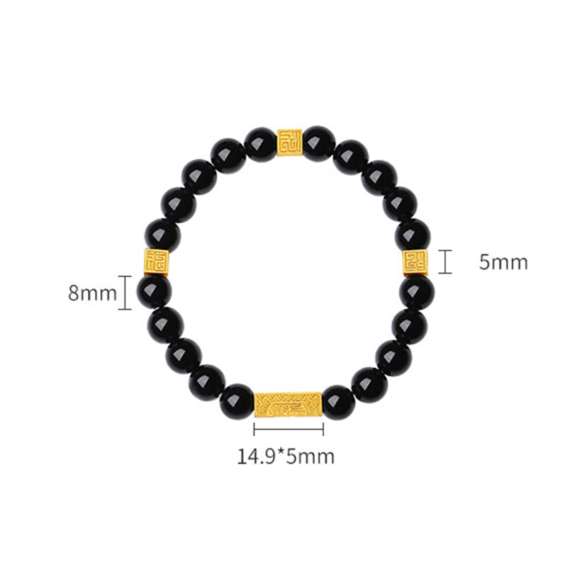 Black Obsidian 925 Sterling Silver Fu Character Cube Strength Bracelet