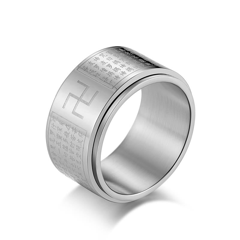 Heart Sutra & Buddhist Swastika Rotatable Titanium Steel Spinner Ring