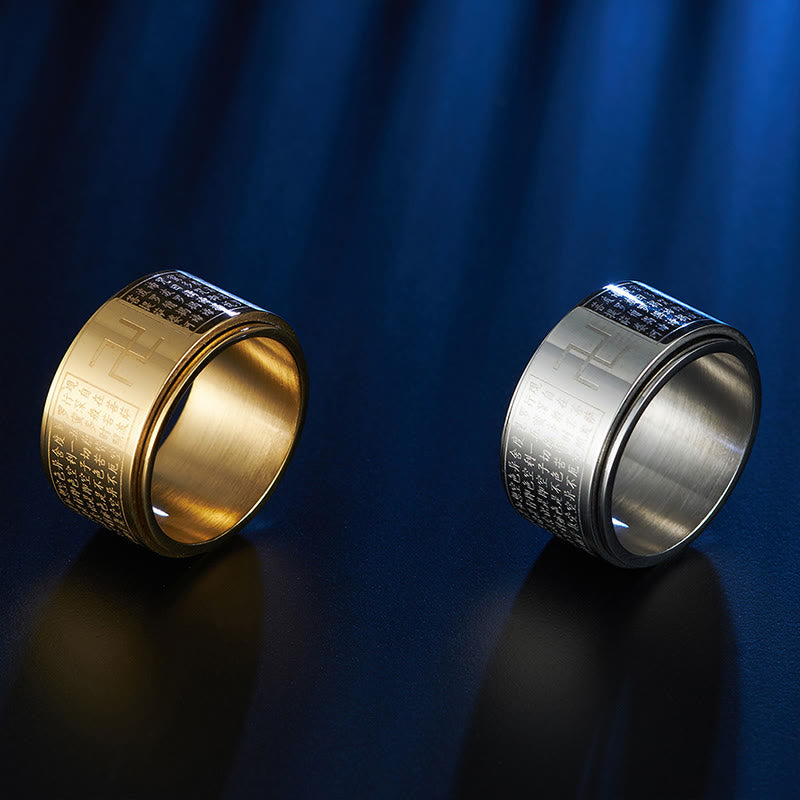 Heart Sutra & Buddhist Swastika Rotatable Titanium Steel Spinner Ring