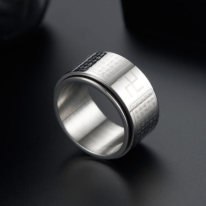 Heart Sutra & Buddhist Swastika Rotatable Titanium Steel Spinner Ring