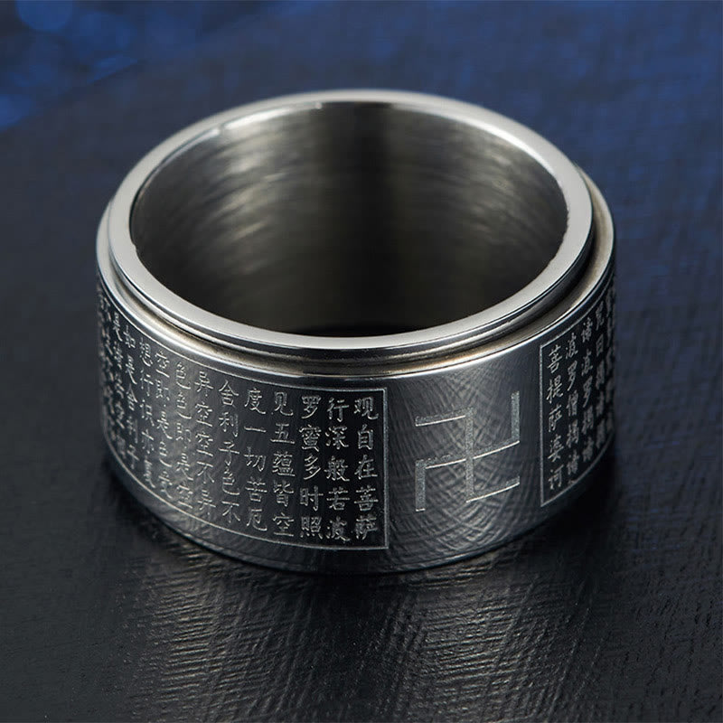 Heart Sutra & Buddhist Swastika Rotatable Titanium Steel Spinner Ring