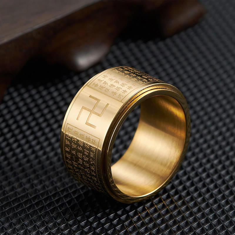 Heart Sutra & Buddhist Swastika Rotatable Titanium Steel Spinner Ring