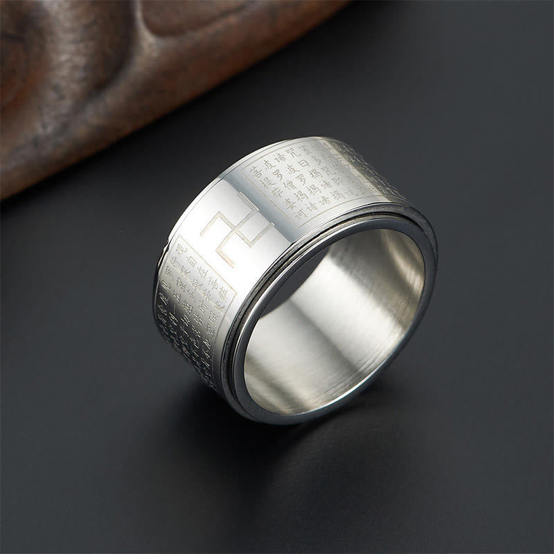 Heart Sutra & Buddhist Swastika Rotatable Titanium Steel Spinner Ring