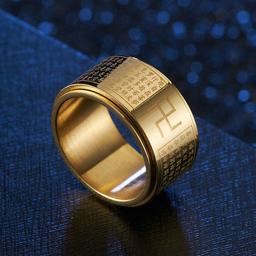 Heart Sutra & Buddhist Swastika Rotatable Titanium Steel Spinner Ring