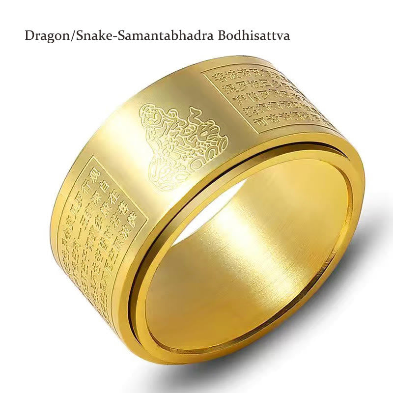 Chinese Zodiac Natal Buddha Heart Sutra Carved Titanium Steel Calm Rotatable Ring