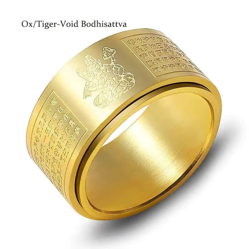 Chinese Zodiac Natal Buddha Heart Sutra Carved Titanium Steel Calm Rotatable Ring