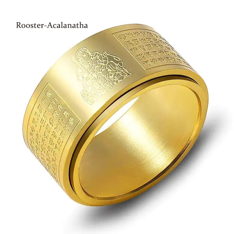 Chinese Zodiac Natal Buddha Heart Sutra Carved Titanium Steel Calm Rotatable Ring