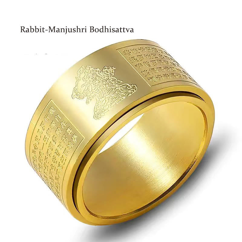 Chinese Zodiac Natal Buddha Heart Sutra Carved Titanium Steel Calm Rotatable Ring