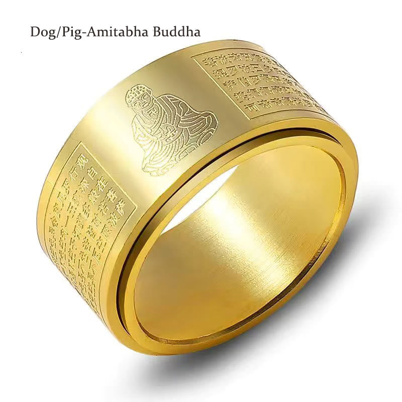 Chinese Zodiac Natal Buddha Heart Sutra Carved Titanium Steel Calm Rotatable Ring