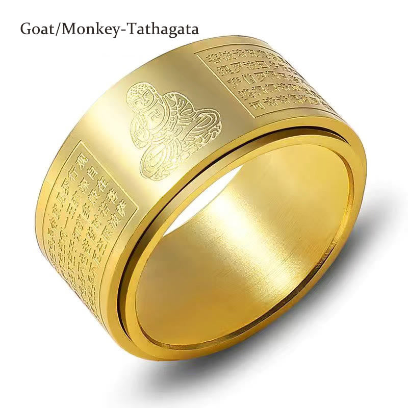 Chinese Zodiac Natal Buddha Heart Sutra Carved Titanium Steel Calm Rotatable Ring