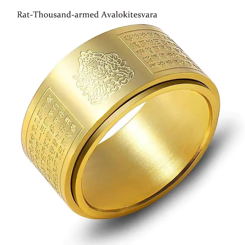Chinese Zodiac Natal Buddha Heart Sutra Carved Titanium Steel Calm Rotatable Ring