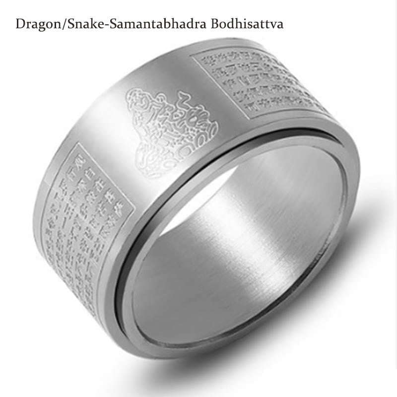 Chinese Zodiac Natal Buddha Heart Sutra Carved Titanium Steel Calm Rotatable Ring