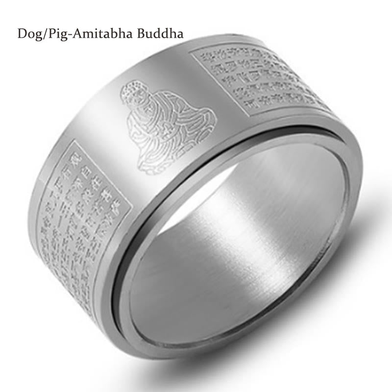 Chinese Zodiac Natal Buddha Heart Sutra Carved Titanium Steel Calm Rotatable Ring