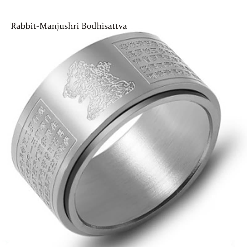 Chinese Zodiac Natal Buddha Heart Sutra Carved Titanium Steel Calm Rotatable Ring
