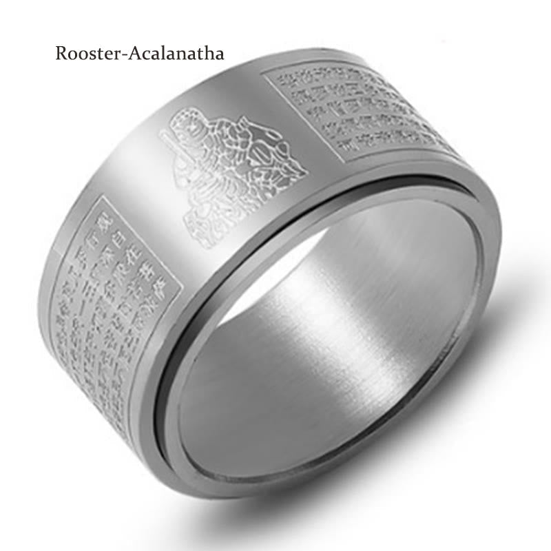 Chinese Zodiac Natal Buddha Heart Sutra Carved Titanium Steel Calm Rotatable Ring