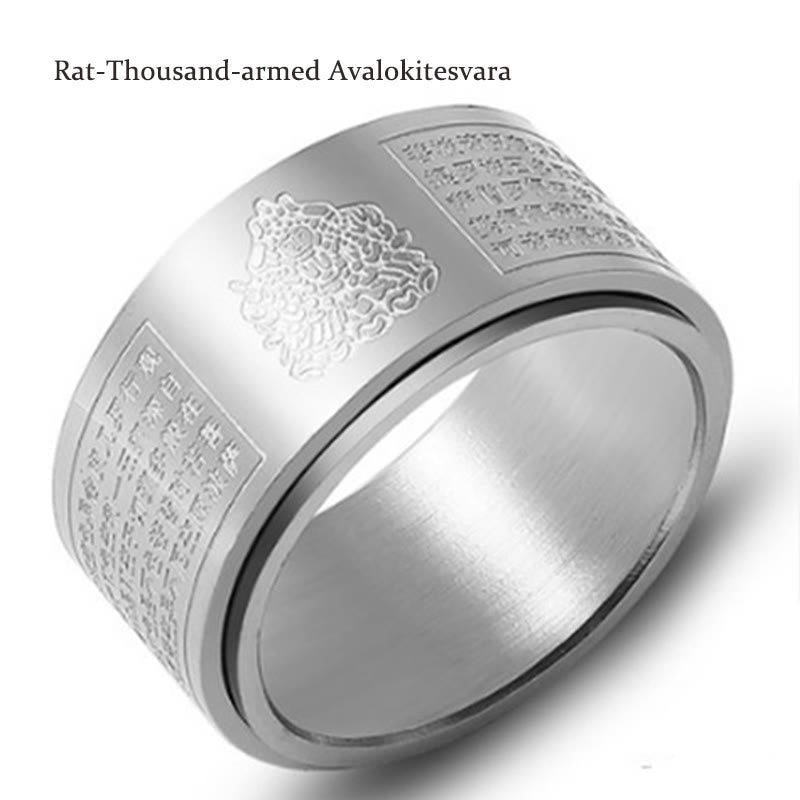 Chinese Zodiac Natal Buddha Heart Sutra Carved Titanium Steel Calm Rotatable Ring