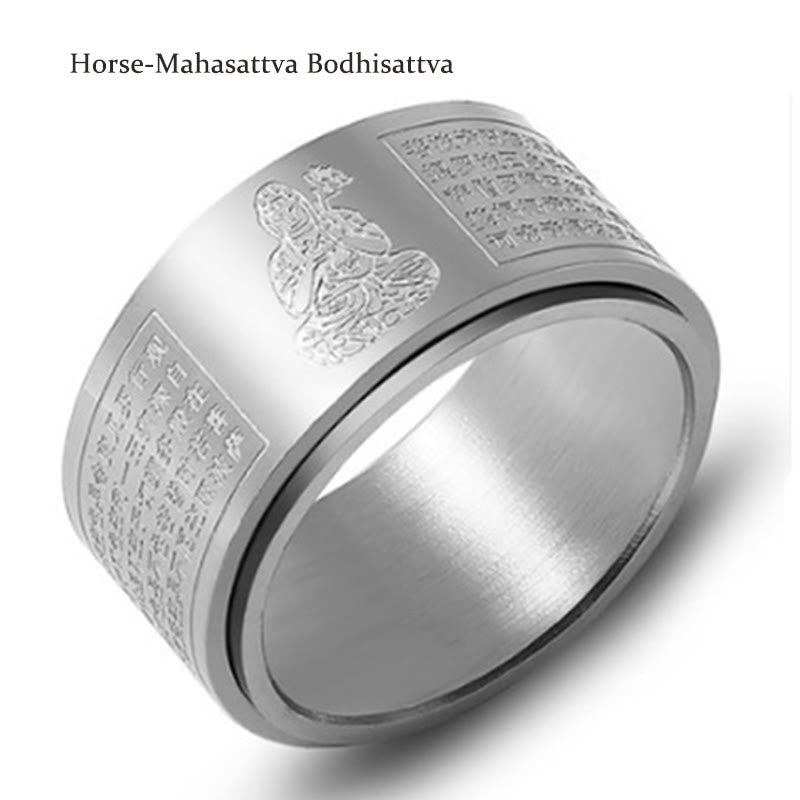 Chinese Zodiac Natal Buddha Heart Sutra Carved Titanium Steel Calm Rotatable Ring